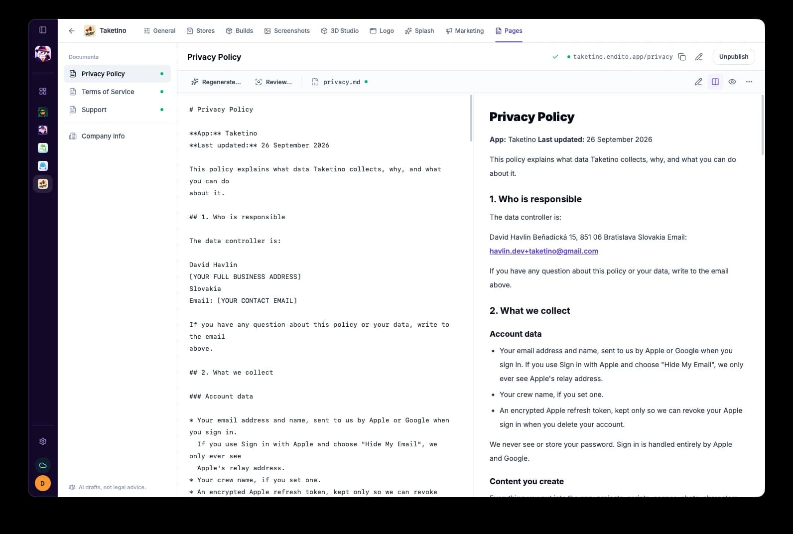 Privacy policy editor in Endito with a live preview of the hosted page