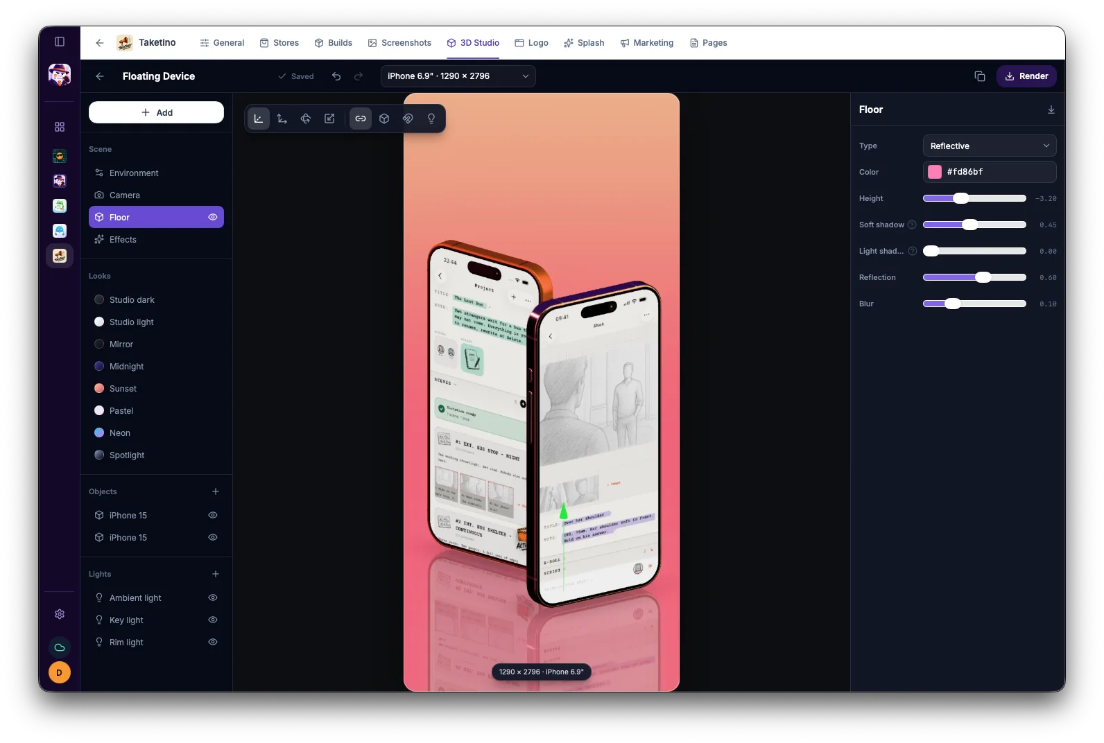 Endito 3D Studio with two iPhones showing an app