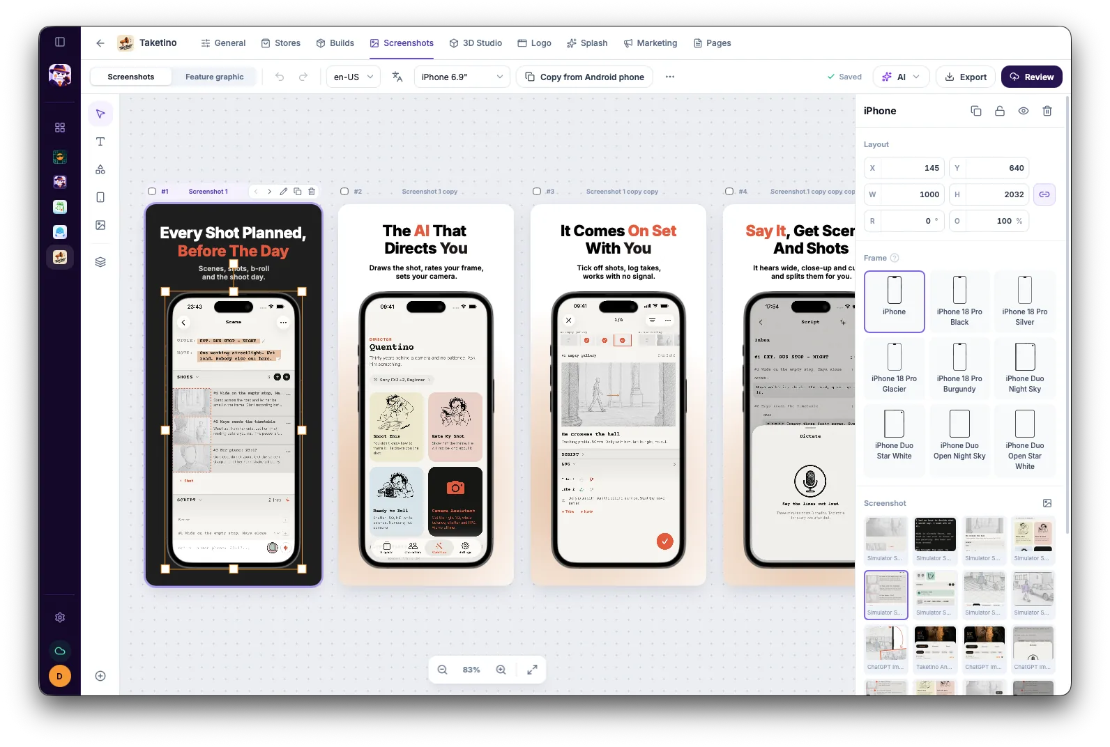 Endito screenshot editor with a set of App Store screenshots in iPhone frames